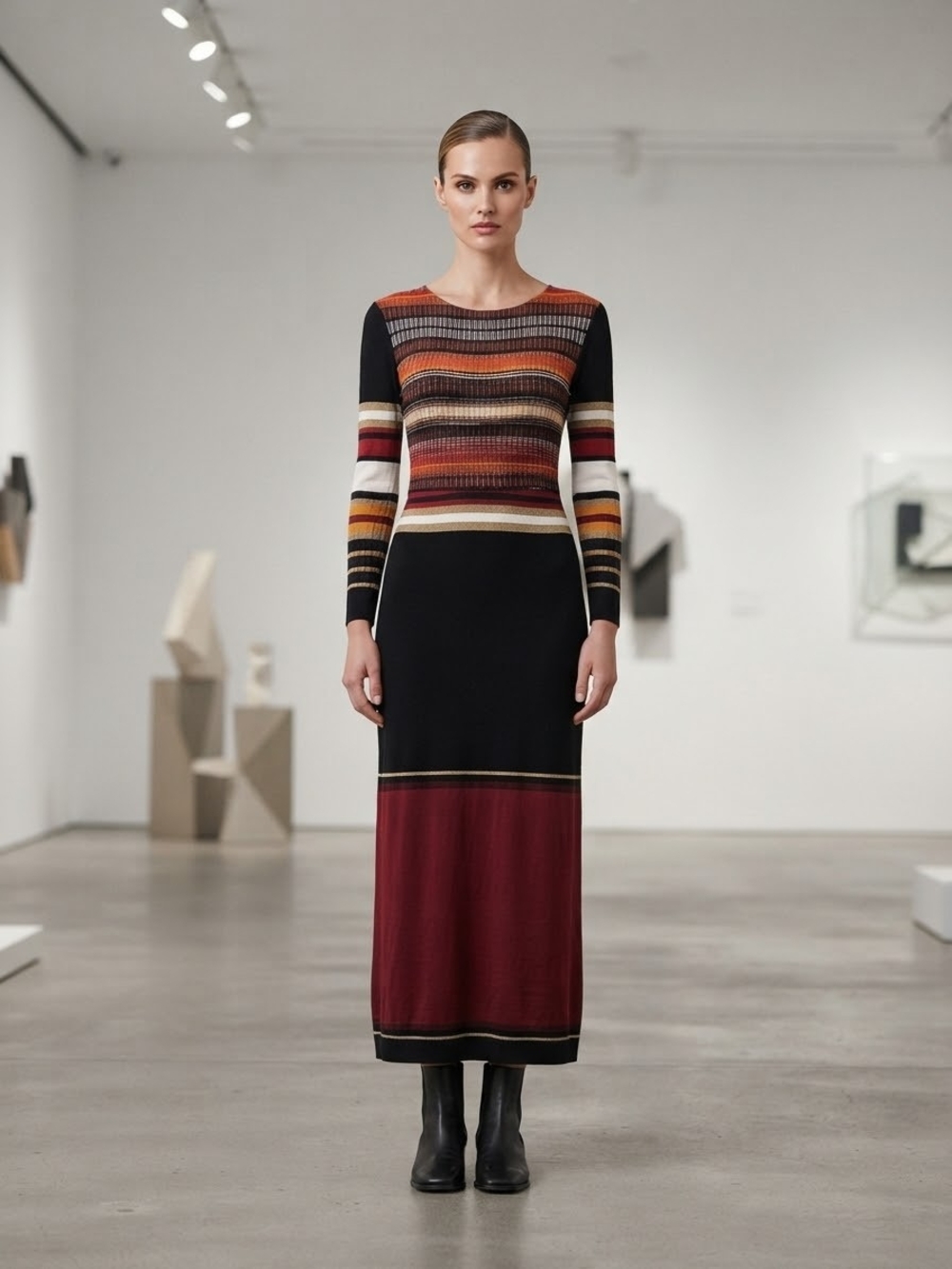 Desigual Striped Knit Midi Dress in Black and Burgundy Size Small